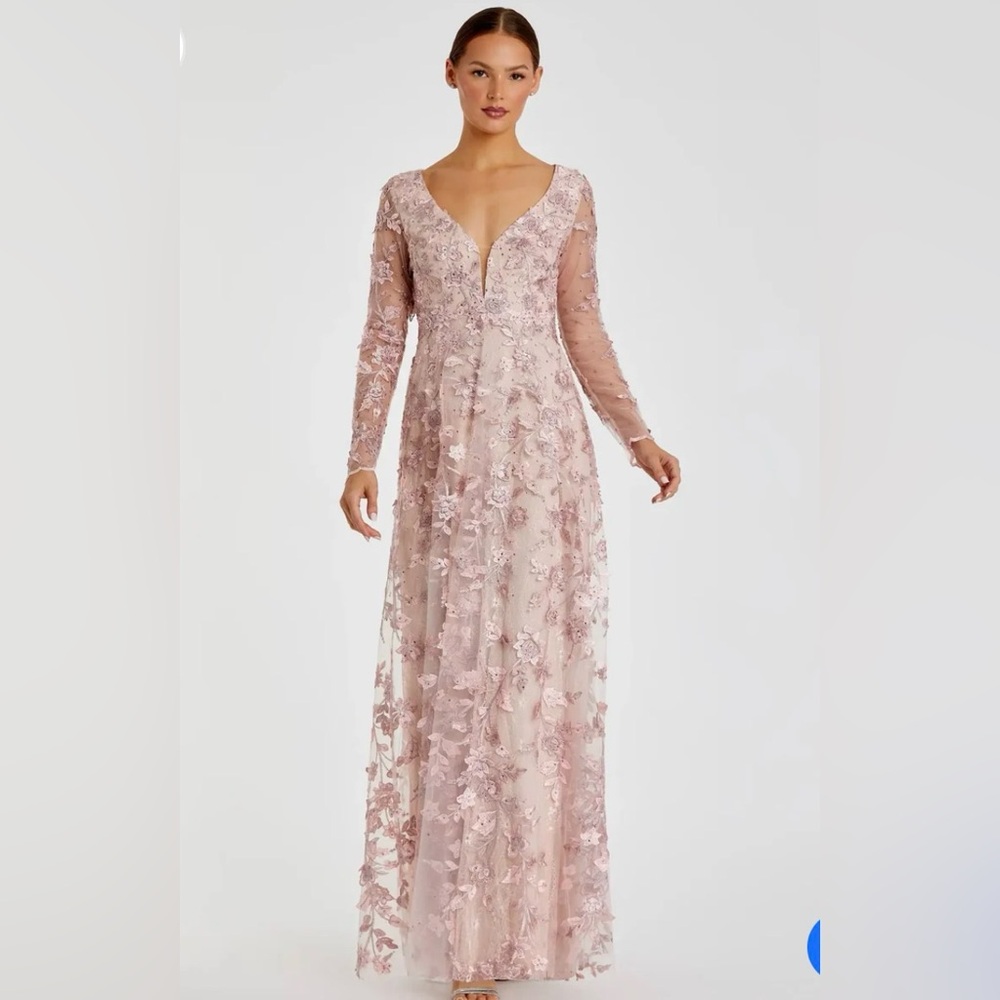 Mac Duggal Floral Applique Long Sleeve 70224 Lace Mesh Gown Rose Pink Sz 2 $398